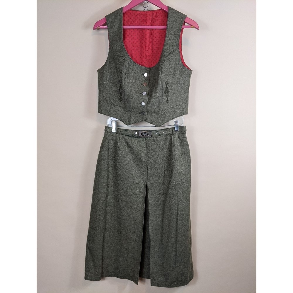 Vintage Julius Lang Wool Austrian German Trachten Dirndl Loden Vest Skirt Set